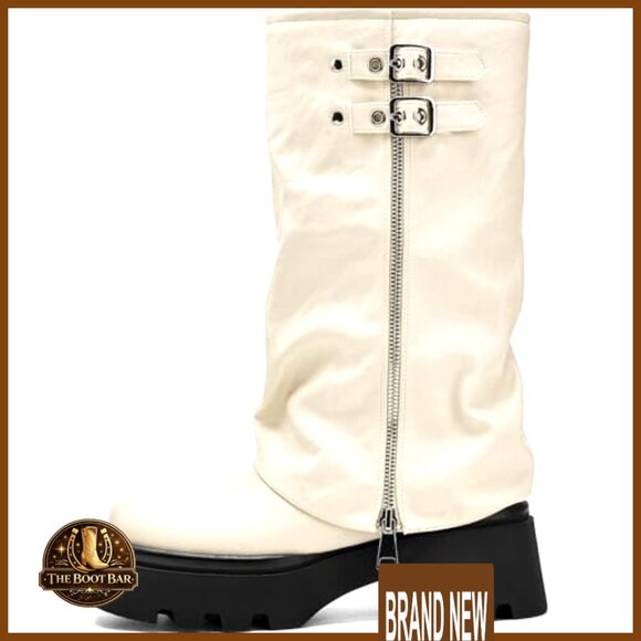 Knee High Boots Chunky Platform Moto Riding Slouchy Fold Over Wide Calf - Picture 4 of 6